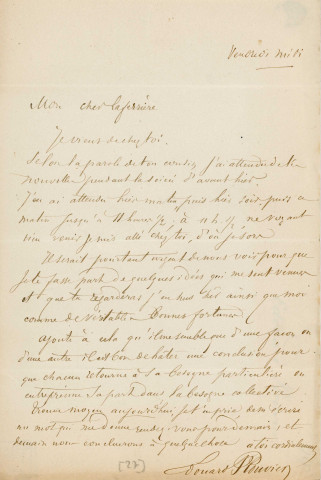 Lettre autographe signée de l'écrivain Edouard Plouvier à l'acteur Adolphe Laferrière (sd).