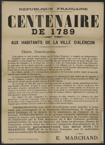 Centenaire de 1789, avis du maire M. Marchand (5 mai 1889), affiche (85 cm x 60 cm), Alençon, Typ. F. Guy, 11 rue de la Halle aux Toiles.