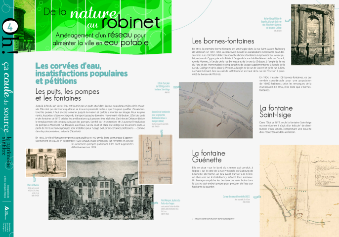 Journées européennes du Patrimoine 2022, exposition "Oh ça coule de source, le patrimoine s'infiltre" : panneau in situ 4,Les corvées d'eau, insatisfactions populaires et pétitions, les puits, les pompes et les fontaines, les bornes-fontaines, la fontaine Guénette, la fontaine Saint-Isige.