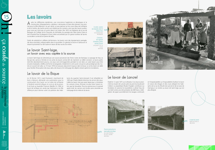 Journées européennes du Patrimoine 2022, exposition "Oh ça coule de source, le patrimoine s'infiltre" : panneau in situ 15, Les lavoirs, le lavoir Saint-Isige, le lavoir de la Bique, le lavoir de Lancrel.