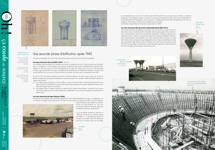 Journées européennes du Patrimoine 2022, exposition "Oh ça coule de source, le patrimoine s'infiltre" : panneau in situ 8, Les châteaux d'eau, une seconde phase d'édification après 1945, les deux réservoirs de Courteille (1950), les trois réservoirs de Saint-Paterne (1960), les trois réservoirs dits de la zone industrielle Nord (1973).