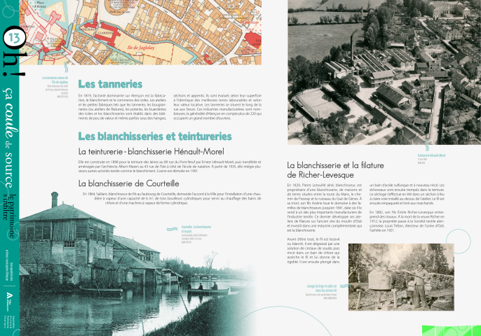 Journées européennes du Patrimoine 2022, exposition "Oh ça coule de source, le patrimoine s'infiltre" : panneau in situ 13, Les tanneries, les blanchisseries et teintureries, les établissements Hénault-Morel,la blanchisserie de Courteille, la blanchisserie et la filature de Richer-Levesque.