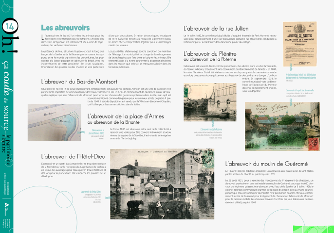 Journées européennes du Patrimoine 2022, exposition "Oh ça coule de source, le patrimoine s'infiltre" : panneau in situ 14, Les abreuvoirs, l'abreuvoir du Bas_de_Montsort, l'abreuvoir de la place d'Armes, l'abreuvoir de l'Hôtel-Dieu, l'abreuvoir de la rue Jullien, l'abreuvoir du Plénitre ou abreuvoir de la Poterne, l'abreuvoir du Moulin de Guéramé.