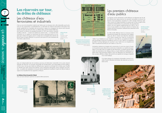 Journées européennes du Patrimoine 2022, exposition "Oh ça coule de source, le patrimoine s'infiltre" : panneau in situ 7, Les réservoirs sur tour, de drôles de châteaux, les châteaux d'eau ferroviaires et industriels, les premiers châteaux d'eau publics.