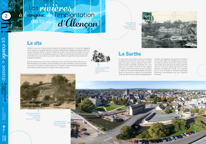 Journées européennes du Patrimoine 2022, exposition "Oh ça coule de source, le patrimoine s'infiltre" : panneau in situ 2, Les rivières à l'origine de l'implantation de la ville d'Alençon, le site, la Sarthe.