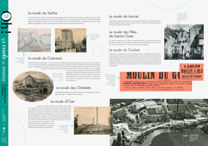 Journées européennes du Patrimoine 2022, exposition "Oh ça coule de source, le patrimoine s'infiltre" : panneau in situ 12, Le moulin de Sarthe, le moulin de Guréamé, le moulin des Châtelets, le moulin d'Ozé, le moulin de Lancrel, le moulin des Filles-de-Sainte-Claire, le moulin du Guichet.