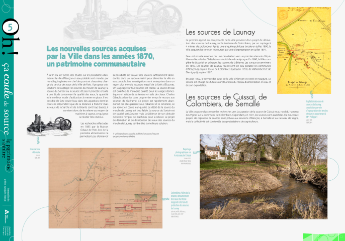 Journées européennes du Patrimoine 2022, exposition "Oh ça coule de source, le patrimoine s'infiltre" : panneau in situ 6, Les nouvelles sources acquises par la Ville dans les années 1870, un patrimoine communautaire, les sources de Launay, les sources de Cuissai, de Colombiers, de Semallé.