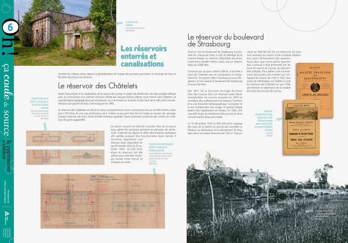 Journées européennes du Patrimoine 2022, exposition "Oh ça coule de source, le patrimoine s'infiltre" : panneau in situ 6, Les réservoirs enterrés et canalisations, le réservoir des Châtelets, le réservoir du boulevard de Strasbourg.